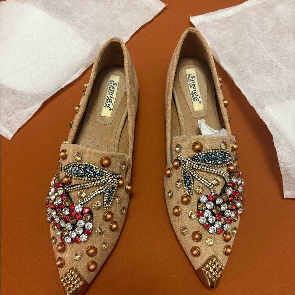 Semida Faix SuedeEmbellished Tan Flats with Multicolor Jeweled Accents.